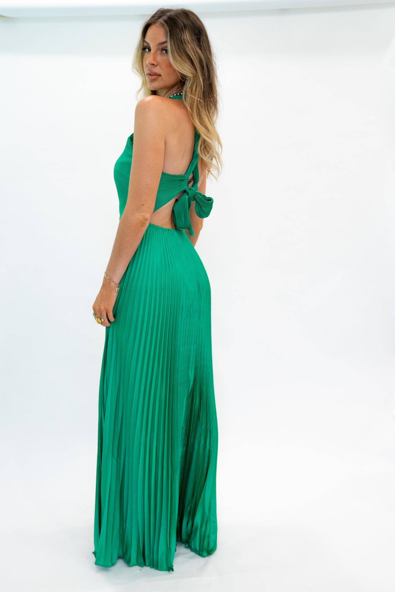 Pleated Green Maxi Dress